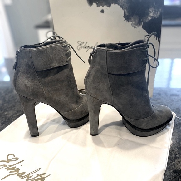 Elizabeth & James Suede Heather grey and black trim high Heel boots lace up  top - Picture 2 of 15